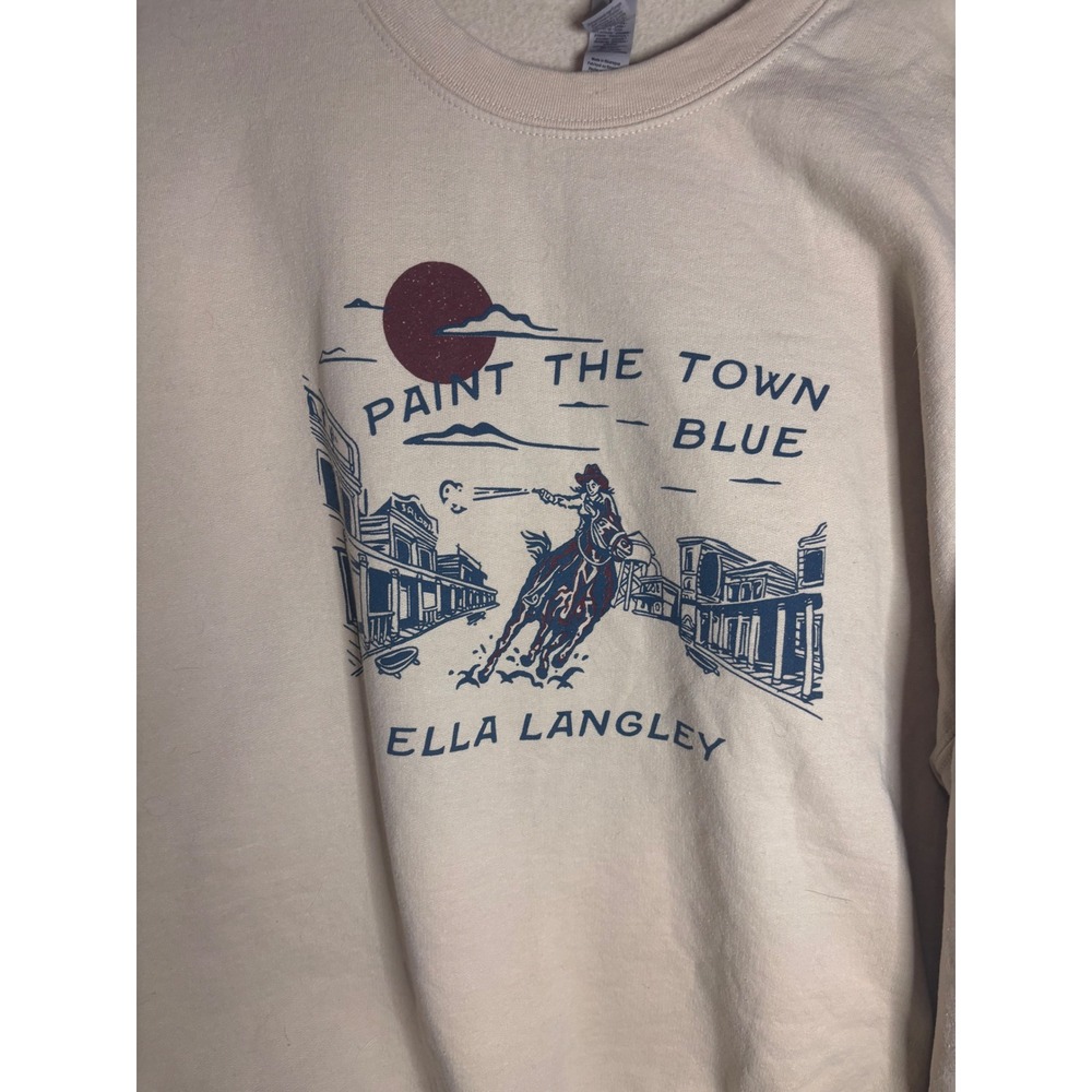 Ella Langley Paint The Town Blue Sweatshirt Tan Western Graphic Crewneck XL - Picture 3 of 8